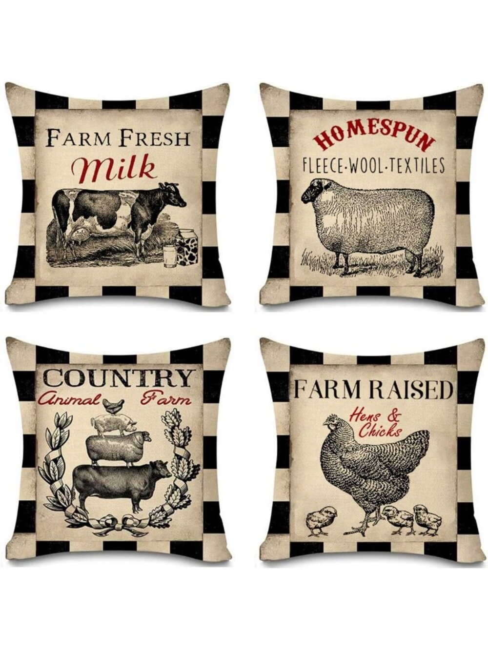 Rustic Farmhouse Animal Pillow Covers Set of 4 | Buffalo Plaid Sheep, Chicken